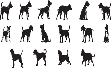 Silhouette Collection of Dog Illustrations Featuring Various Poses and Breeds, Perfect for Animal Lovers and Graphic Design Projects