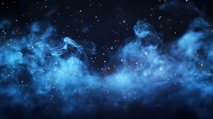 Obraz premium Fantastic smoke background. Magic smoke with glitter and small particles of twinkling stars, fog with luminous particles, blue vapor with stardust. Vector illustration.