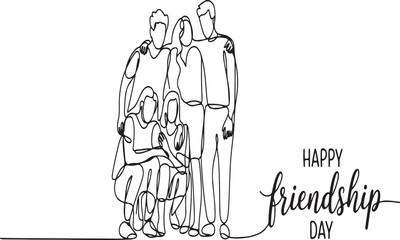 Heartwarming Happy Friendship Day Image Depicting a Group of Friends in a Single Line Art Style