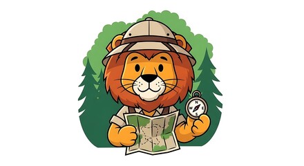 Cartoon lion explorer wearing a pith helmet, holding a map and compass, with a forest background.