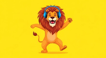 A cartoon lion wearing headphones and dancing joyfully on a bright yellow background.