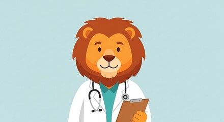 Cartoon lion doctor holding a clipboard, ready to examine.