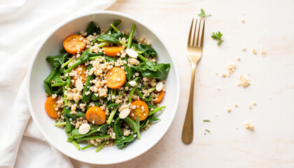 Fresh spinach salad with carrots, quinoa, and sliced almonds  