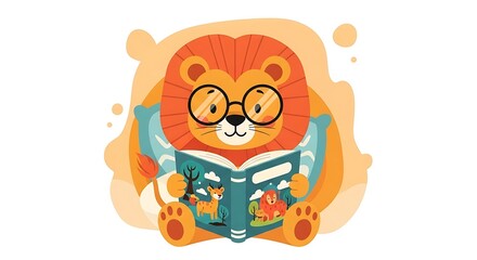 Cartoon lion wearing glasses sits and reads a storybook with animal illustrations.