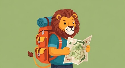 A cartoon lion, wearing a backpack and holding a map, is ready for an adventure.