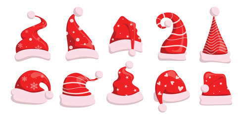 Christmas Santa hat printed and pattern clipart set. Red Santa Claus hat flat style icon clip art for winter season costume collection and xmas party decoration elements vector illustration.
