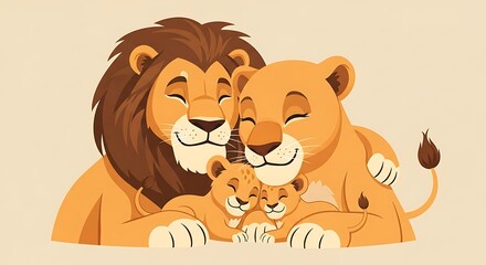 Cartoon illustration of a lion family: father, mother, and two cubs, embracing with eyes closed in a loving pose.