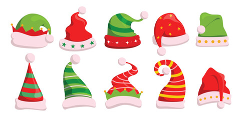Christmas Santa hat colorful clipart set. Santa Claus and elf hat costume elements clip art for xmas holiday party festive decoration collection cute outfit vector illustration.
