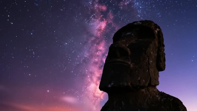 Moai Statue Silhouette Against Vibrant Milky Way Galaxy Night Sky Easter Island Wonder