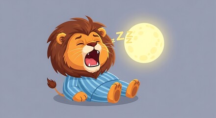 Cartoon lion wearing pajamas yawning with a moon behind it, indicating sleepiness.