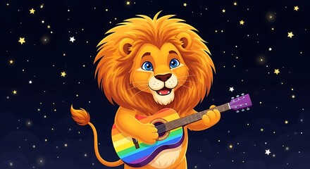 A cheerful cartoon lion plays a colorful guitar under a starry night sky.