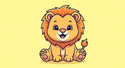 A smiling cartoon lion cub sitting against a yellow background.