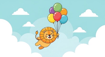 A cheerful lion cub joyfully floats among fluffy clouds, holding a bunch of colorful balloons.