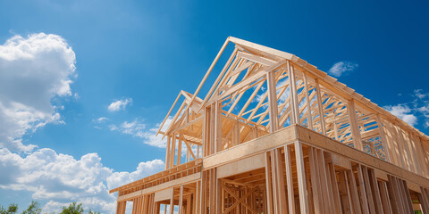  House construction framing against blue sky | Building structure of new residential home