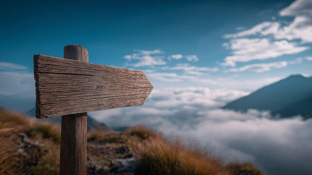  Wooden direction sign on mountain trail | Adventure hiking concept with scenic view