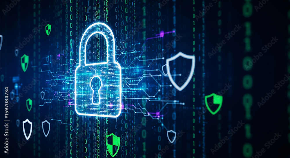 Wall mural blue glowing digital padlock cybersecurity concept binary code background green shields data protect