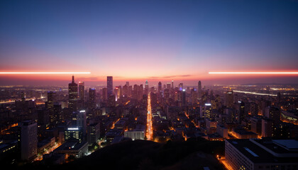 Obraz premium City skyline at sunset with glowing lights and evening sky 