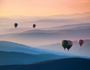 hot air balloons over layered hills__ 