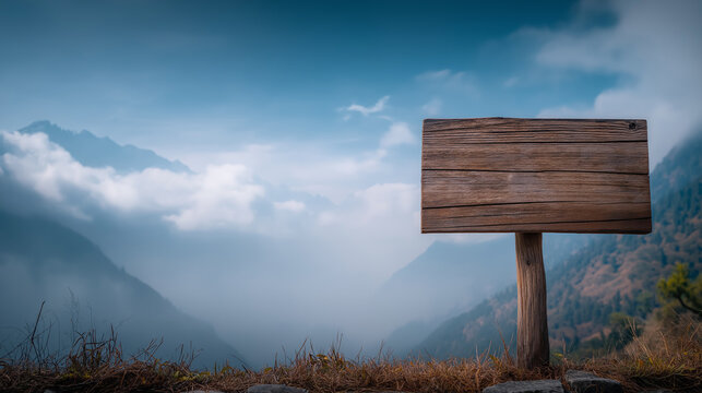  Blank wooden signboard in mountains | Empty rustic board for text with scenic background