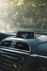 Car Dashboard Display Showing 42°C Temperature Amid Intense Sunlight and Blurred Summer Forest Background