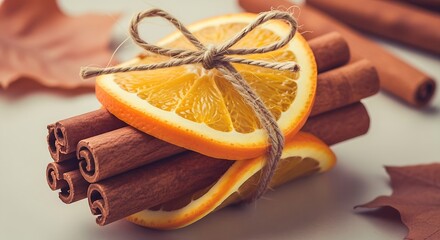 Bundled cinnamon sticks with dried orange slices tied with twine for autumn baking spices and holiday aroma