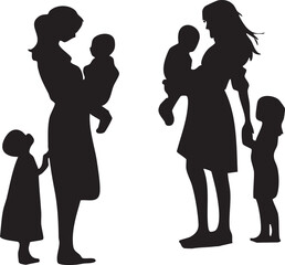 Silhouettes of mothers holding babies and children standing together