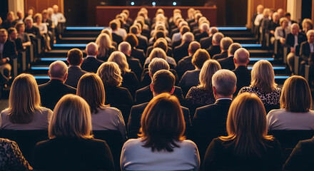 Large audience viewed from behind seated in tiered rows dark auditorium warm lighting blonde brown hair women men