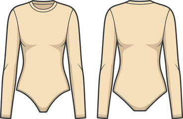 Basic long sleeve bodysuit fashion template, front and back view, fitted crew neck design, beige color, CAD drawing flat vector illustration