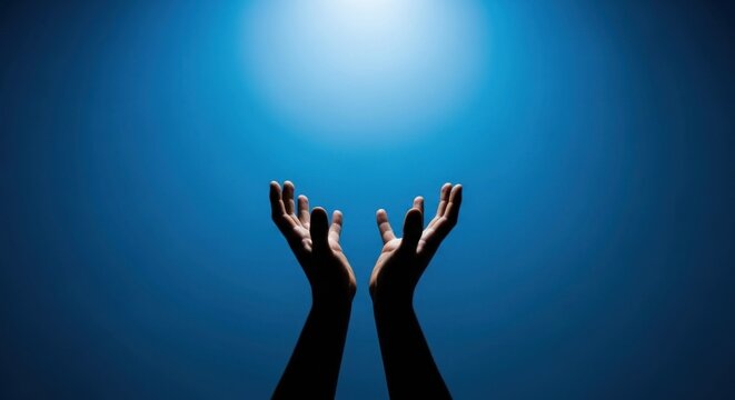 Hands reaching up toward a bright light against a blue gradient background evoke themes of hope, faith, and spirituality, suitable for inspirational or religious content.