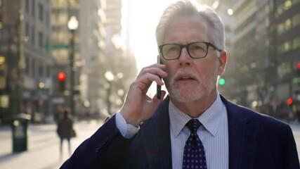 A serious senior businessman in a suit makes an important phone call while walking on a busy city street. - Powered by Adobe