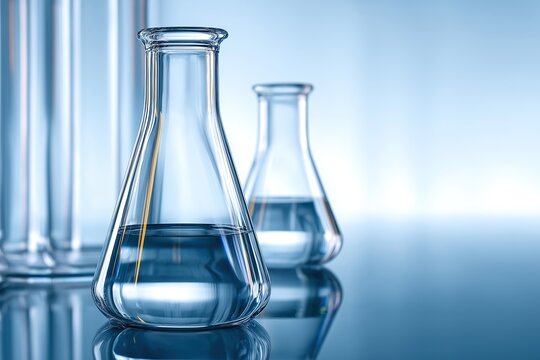 Close-up of glass beakers filled with clear liquid on soft blue laboratory background, showcasing light reflections and shapes to emphasize scientific precision and research equipment