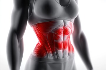Close-up of a woman's waist with red-highlighted strong muscles on white background, emphasizing pain and muscular anatomy