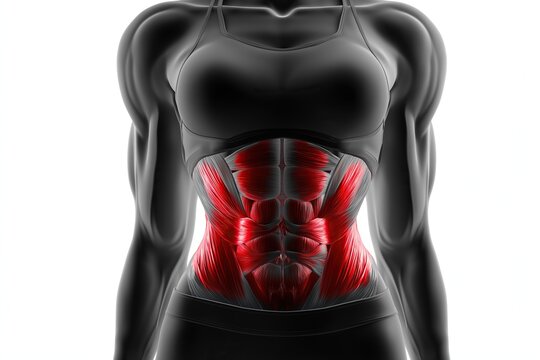 Female muscular system with red glowing abdominal muscles on white background, highlighting anatomy and biomechanics