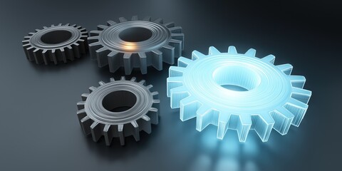 3D rendering of three glowing blue gear elements on dark grey background, symbolizing industrial technology and mechanical engineering concepts