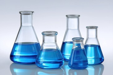 Set of glass beakers filled with blue liquid showcasing varying sizes and shapes, highlighting light-dark contrast on white background