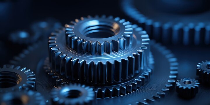 Interlocking gears and cogs in motion on a dark blue background, representing industrial machinery and mechanical equipment concepts