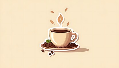 Freshly brewed coffee cup with coffee beans illustration for morning caffeine fix and coffee break time