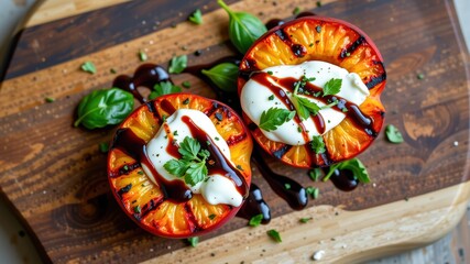 Fresh farm to table pairing of grilled tomatoes topped with creamy cheese and drizzled with balsamic glaze creates delightful culinary experience