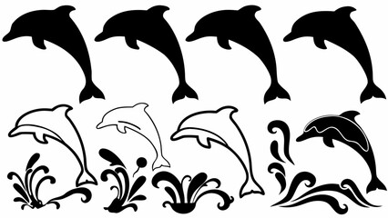 Naklejka premium Silhouette drawings of dolphins jumping out of water with splashing waves and decorative elements around them