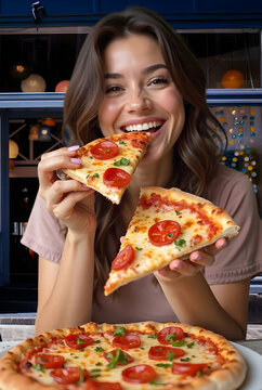 Naklejki Funny blonde girl in jeans jacket eating pizza at restaurant