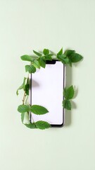 A smartphone sprouting green leaves, representing tech and nature fusion.