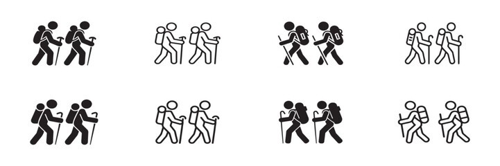 Simple black vector icon set of group hiking for outdoor adventure outline and silhouette