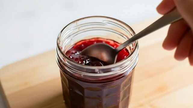 Luscious Homemade Berry Jam Spoonful of Sweetness CloseUp View Glass Jar Wooden Background.