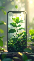 A smartphone sprouting green leaves, representing tech and nature fusion.