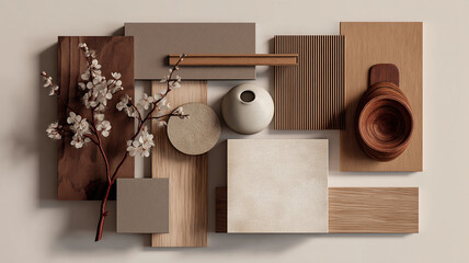 Mood board of interior design textures features wood, ceramics, and floral elements, creating harmonious and natural aesthetic. arrangement showcases various materials and colors
