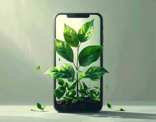 A smartphone sprouting green leaves, representing tech and nature fusion.