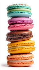 Colorful stack of macarons featuring vibrant hues of blue purple pink brown yellow and orange isolated on white background showcasing delightful and sweet treat