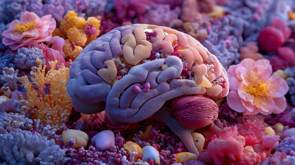 Obraz premium Vibrant and creative depiction of brain surrounded by colorful flowers and abstract shapes, evoking sense of imagination and wonder. intricate details and vivid colors create surreal and artistic