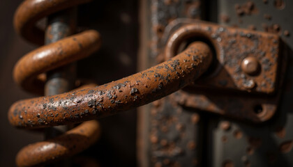 Rusty metal handle and spring on old door with peeling paint  