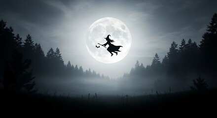 Spooky Witch Flying Across a Full Moon in a Misty Forest at Night